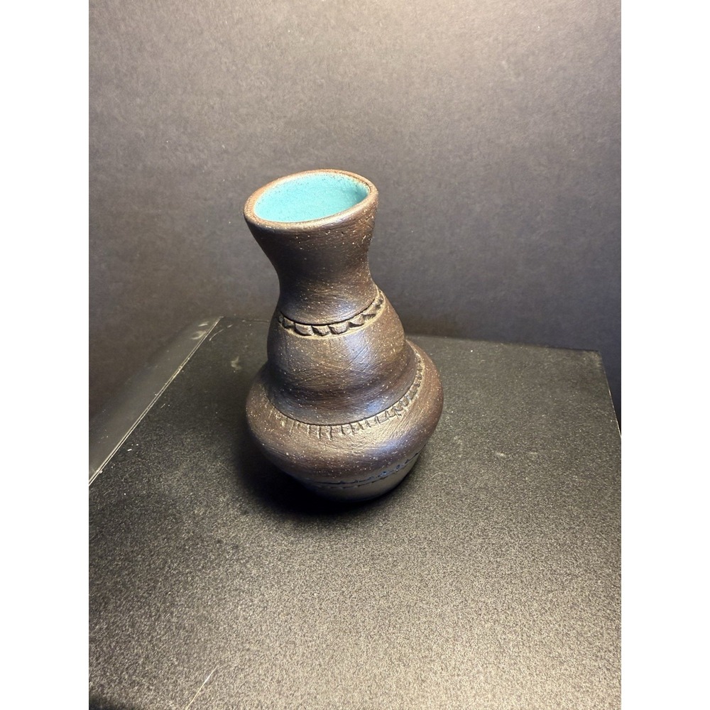 Handmade Studio Pottery Vase – Turquoise Interior – Signed – 4" Tall
